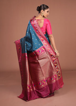 Blue Dupion Silk Saree With Blouse Piece