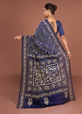 Blue Kantha Stitch Silk Saree With Blouse Piece