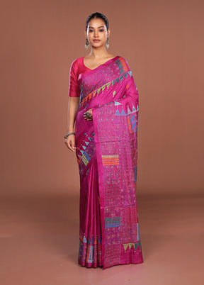 Purple Kantha Stitch Silk Saree With Blouse Piece