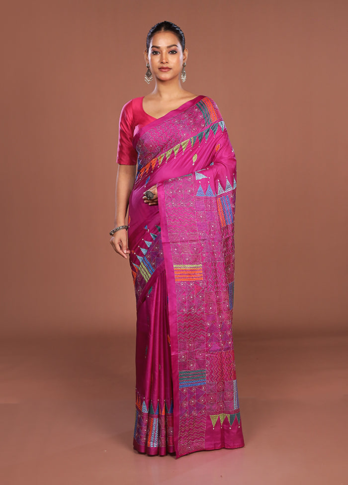 Purple Kantha Stitch Silk Saree With Blouse Piece