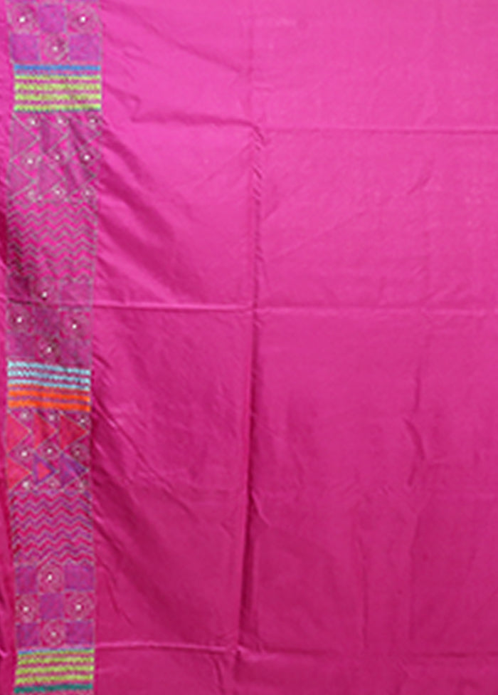 Purple Kantha Stitch Silk Saree With Blouse Piece