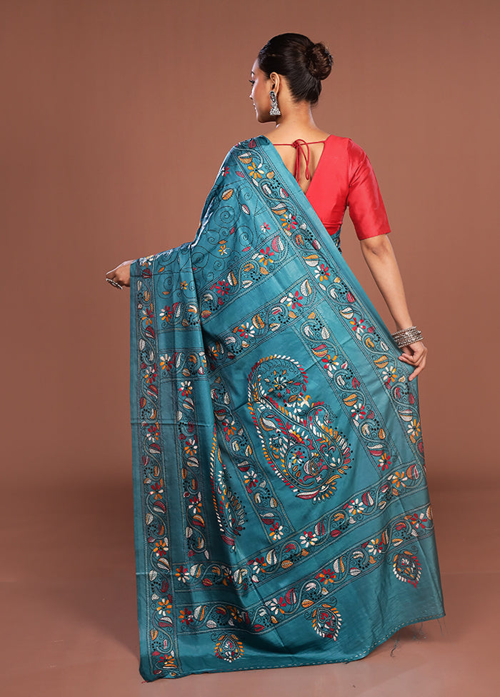 Green Kantha Stitch Silk Saree With Blouse Piece