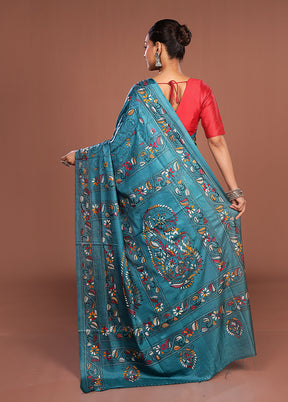 Green Kantha Stitch Silk Saree With Blouse Piece