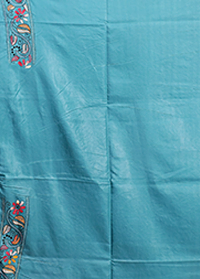 Green Kantha Stitch Silk Saree With Blouse Piece