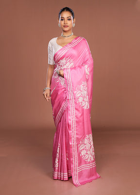 Pink Kantha Stitch Silk Saree With Blouse Piece