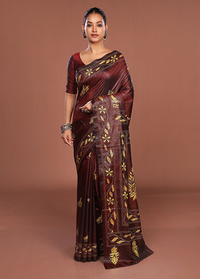 Maroon Kantha Stitch Silk Saree With Blouse Piece