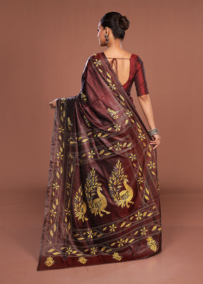 Maroon Kantha Stitch Silk Saree With Blouse Piece