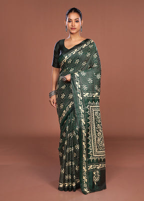 Green Kantha Stitch Silk Saree With Blouse Piece