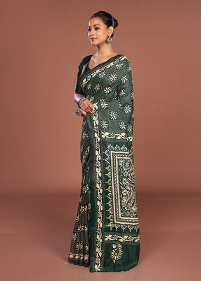 Green Kantha Stitch Silk Saree With Blouse Piece