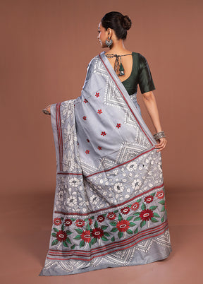 Grey Kantha Stitch Silk Saree With Blouse Piece