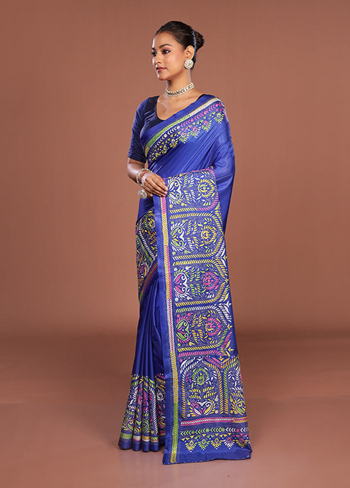 Blue Kantha Stitch Silk Saree With Blouse Piece