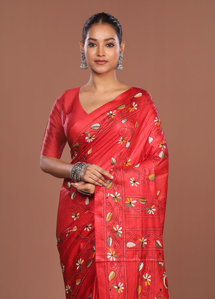 Red Kantha Stitch Silk Saree With Blouse Piece