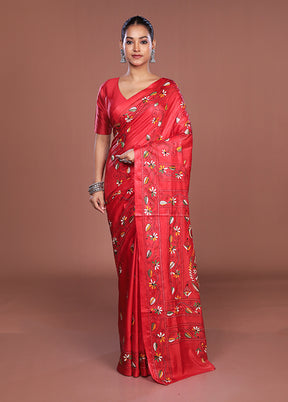 Red Kantha Stitch Silk Saree With Blouse Piece