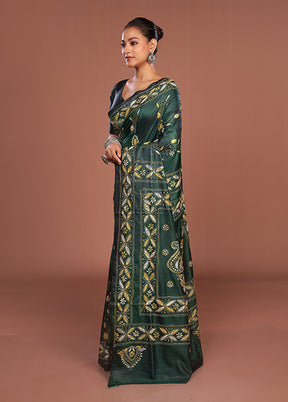 Green Kantha Stitch Silk Saree With Blouse Piece