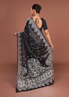 Black Kantha Stitch Silk Saree With Blouse Piece