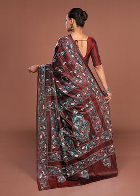 Maroon Kantha Stitch Silk Saree With Blouse Piece