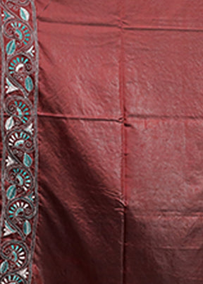 Maroon Kantha Stitch Silk Saree With Blouse Piece