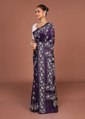 Blue Kantha Stitch Silk Saree With Blouse Piece