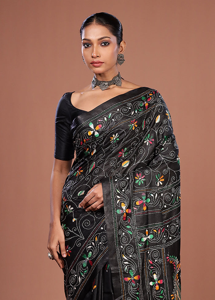 Black Kantha Stitch Silk Saree With Blouse Piece