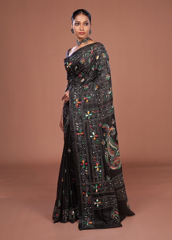 Black Kantha Stitch Silk Saree With Blouse Piece