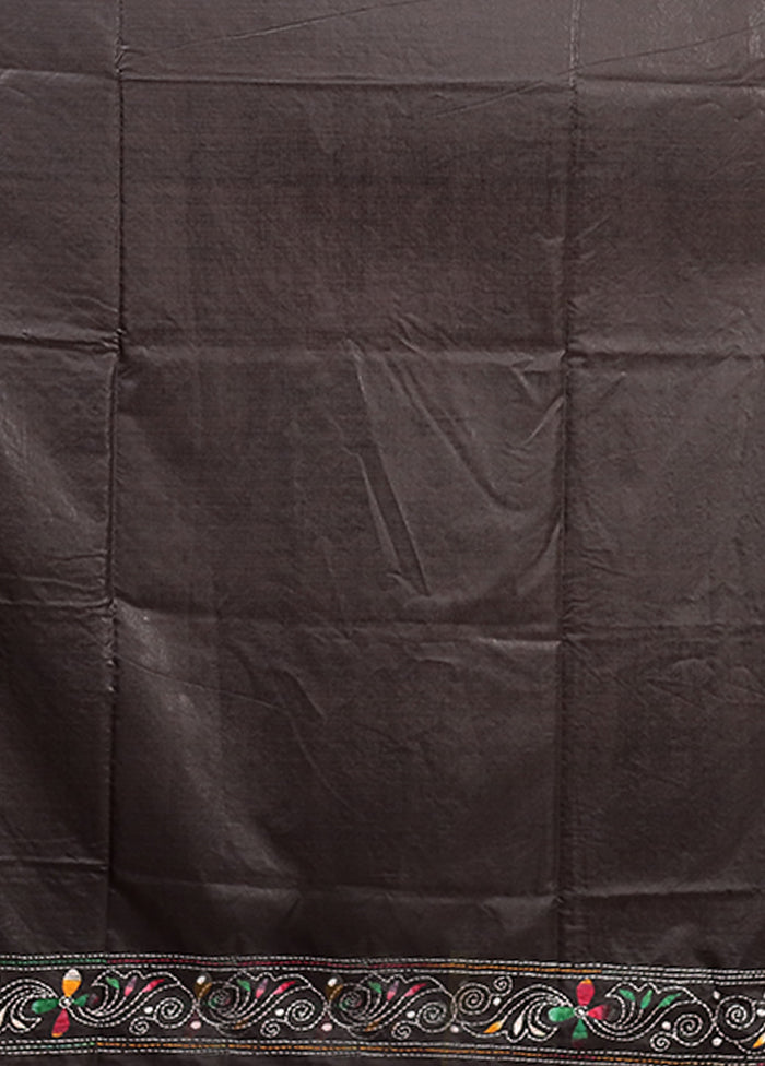 Black Kantha Stitch Silk Saree With Blouse Piece
