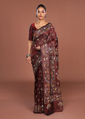Maroon Kantha Stitch Silk Saree With Blouse Piece