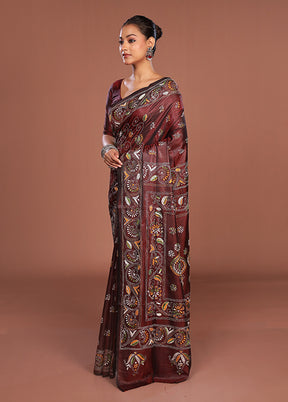 Maroon Kantha Stitch Silk Saree With Blouse Piece