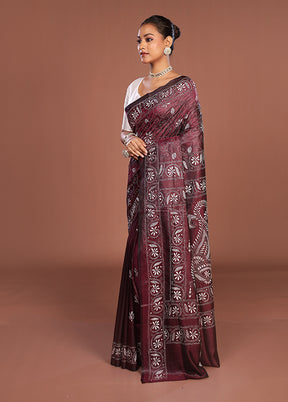 Maroon Kantha Stitch Silk Saree With Blouse Piece