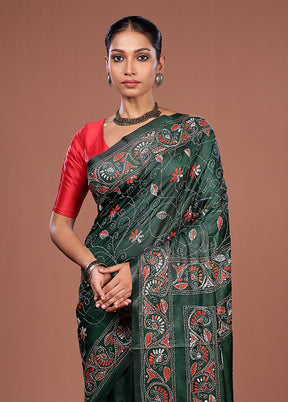 Green Kantha Stitch Silk Saree With Blouse Piece