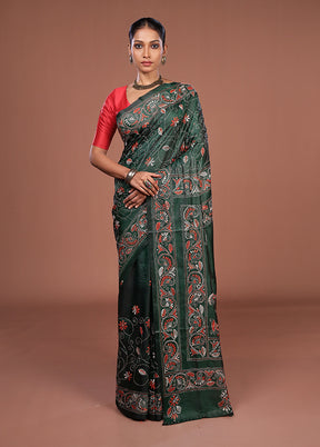 Green Kantha Stitch Silk Saree With Blouse Piece