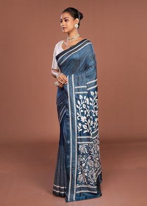 Blue Kantha Stitch Silk Saree With Blouse Piece