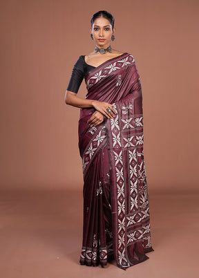 Purple Kantha Stitch Silk Saree With Blouse Piece