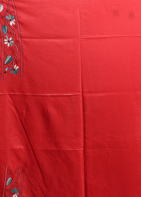 Red Kantha Stitch Silk Saree With Blouse Piece