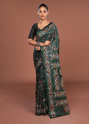 Green Kantha Stitch Silk Saree With Blouse Piece
