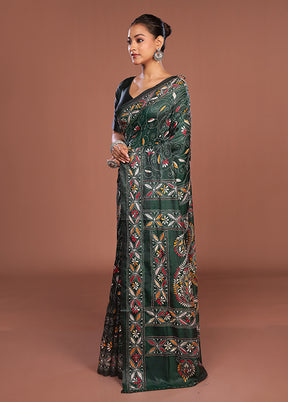Green Kantha Stitch Silk Saree With Blouse Piece