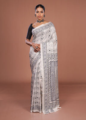 White Kantha Stitch Silk Saree With Blouse Piece