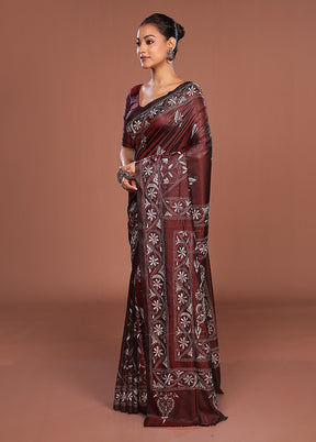 Maroon Kantha Stitch Silk Saree With Blouse Piece