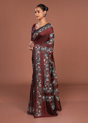 Maroon Kantha Stitch Silk Saree With Blouse Piece