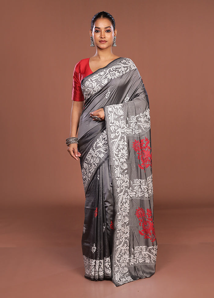Grey Kantha Stitch Silk Saree With Blouse Piece
