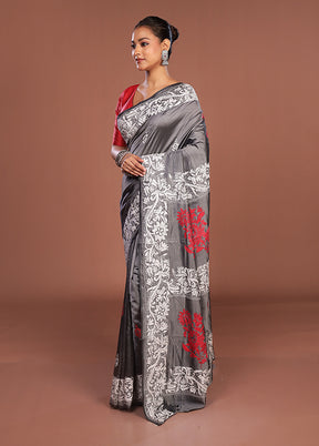 Grey Kantha Stitch Silk Saree With Blouse Piece