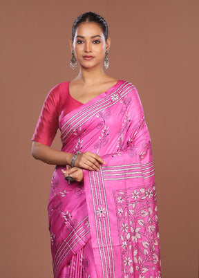Pink Kantha Stitch Silk Saree With Blouse Piece