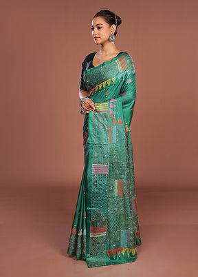 Yellow Kantha Stitch Silk Saree With Blouse Piece