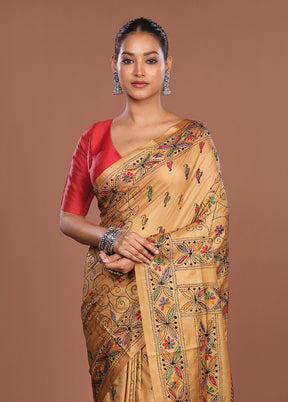 Cream Kantha Stitch Silk Saree With Blouse Piece