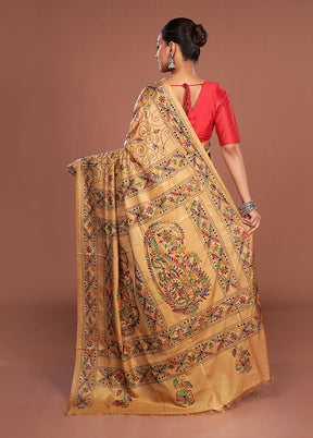 Cream Kantha Stitch Silk Saree With Blouse Piece