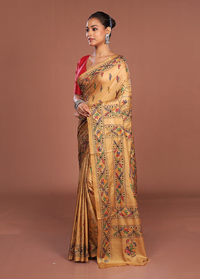 Cream Kantha Stitch Silk Saree With Blouse Piece