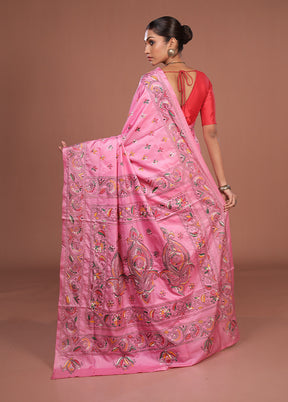 Pink Kantha Stitch Silk Saree With Blouse Piece