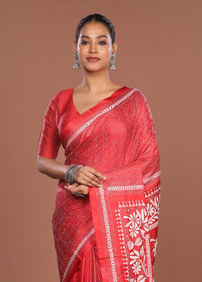 Red Kantha Stitch Silk Saree With Blouse Piece