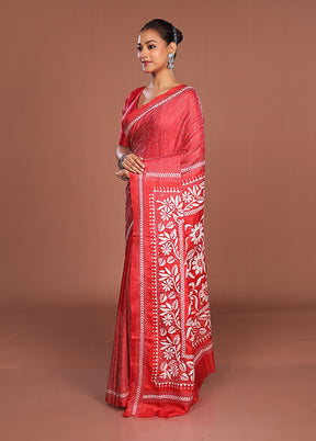 Red Kantha Stitch Silk Saree With Blouse Piece