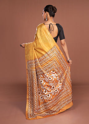 Yellow Kantha Stitch Silk Saree With Blouse Piece