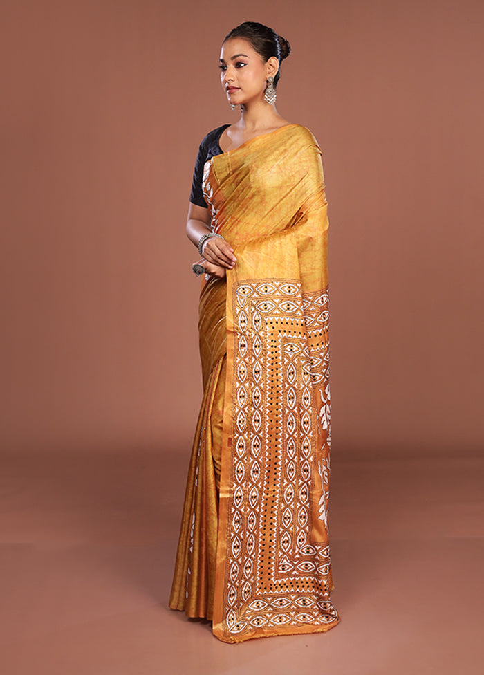 Yellow Kantha Stitch Silk Saree With Blouse Piece